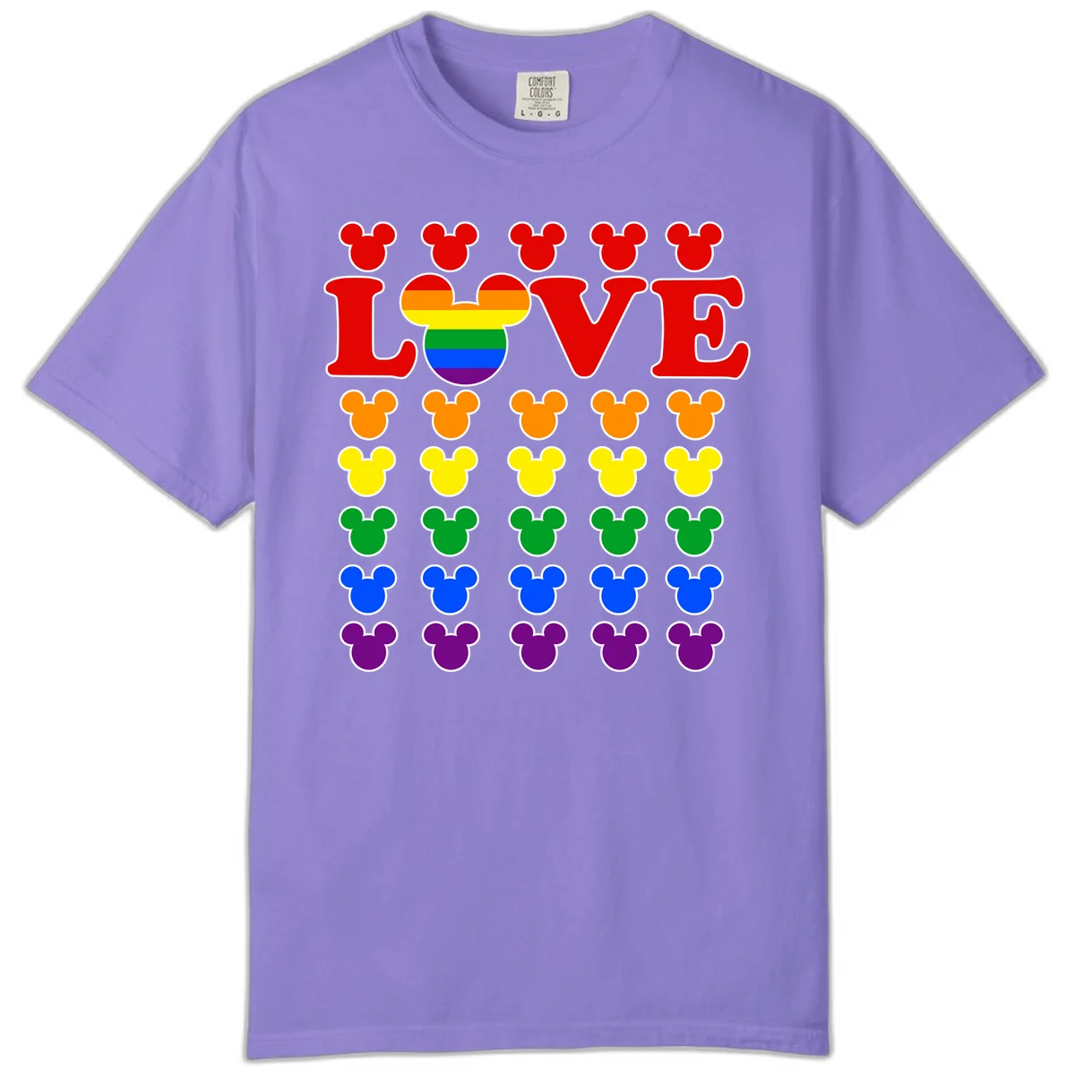 Mickey Love Pride design featuring bold red LOVE text with rainbow-striped Mickey head and colorful Mickey silhouettes border in Violet