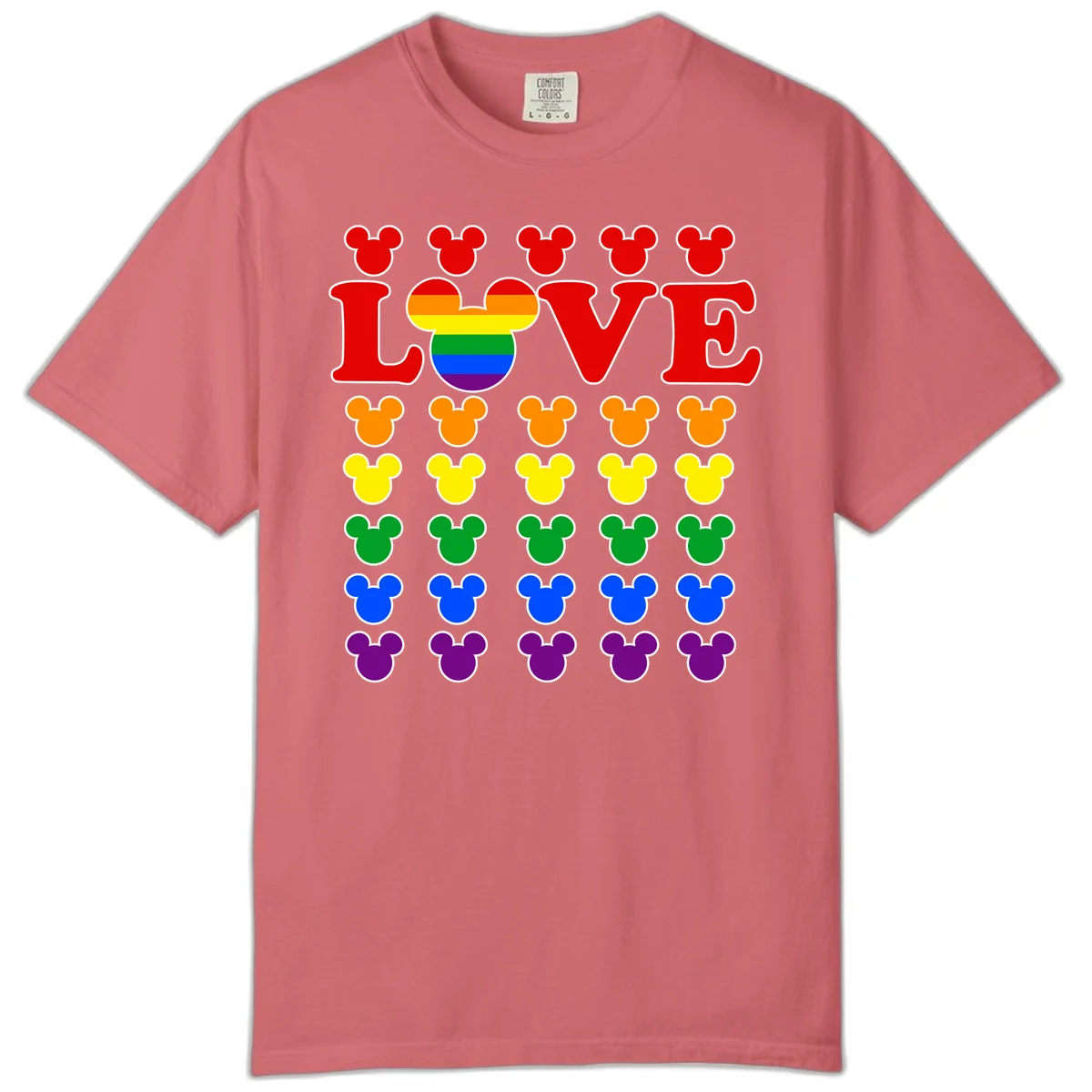 Mickey Love Pride design featuring bold red LOVE text with rainbow-striped Mickey head and colorful Mickey silhouettes border in Watermelon