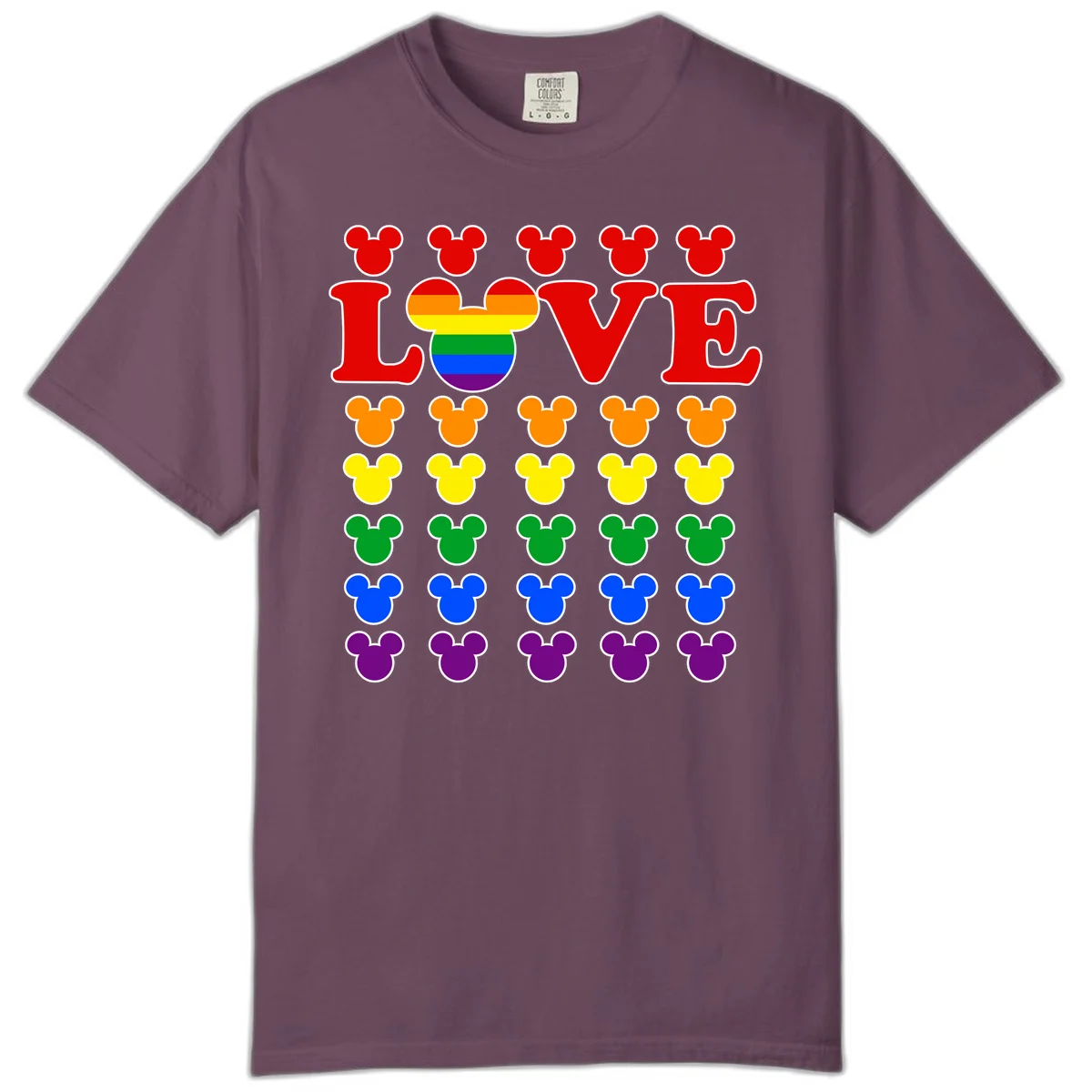 Mickey Love Pride design featuring bold red LOVE text with rainbow-striped Mickey head and colorful Mickey silhouettes border in Berry