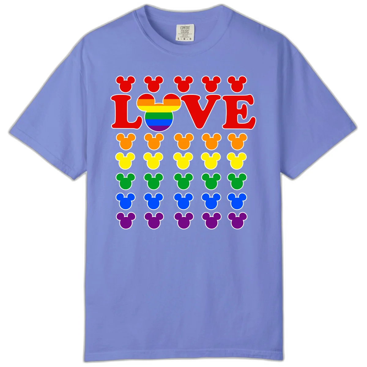 Mickey Love Pride design featuring bold red LOVE text with rainbow-striped Mickey head and colorful Mickey silhouettes border in Flo Blue