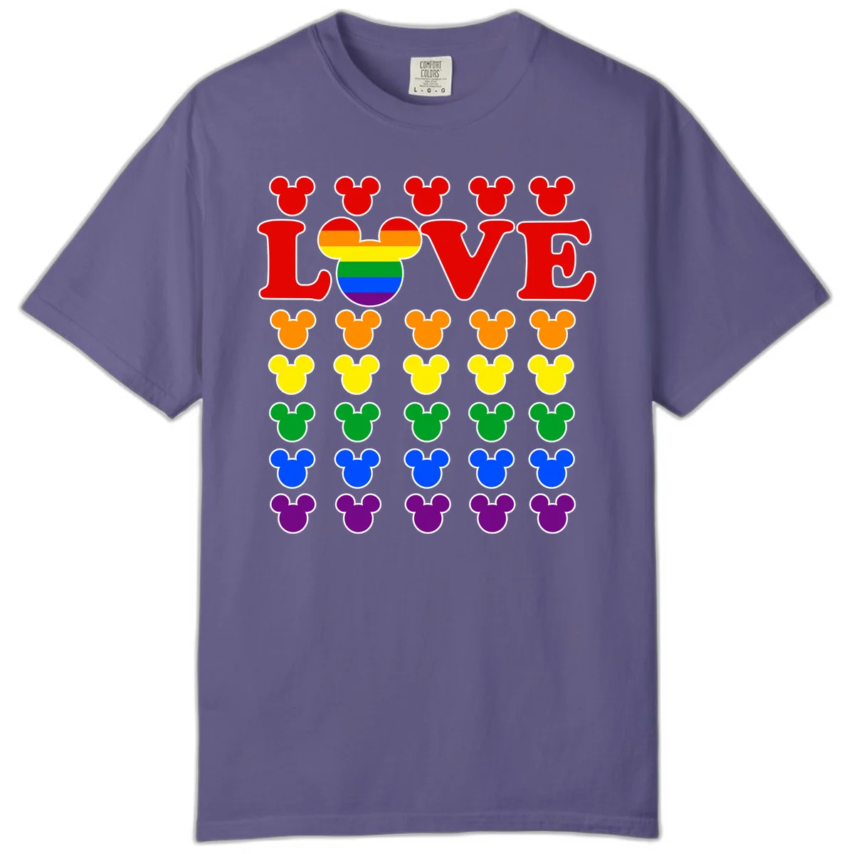 Mickey Love Pride design featuring bold red LOVE text with rainbow-striped Mickey head and colorful Mickey silhouettes border in Grape