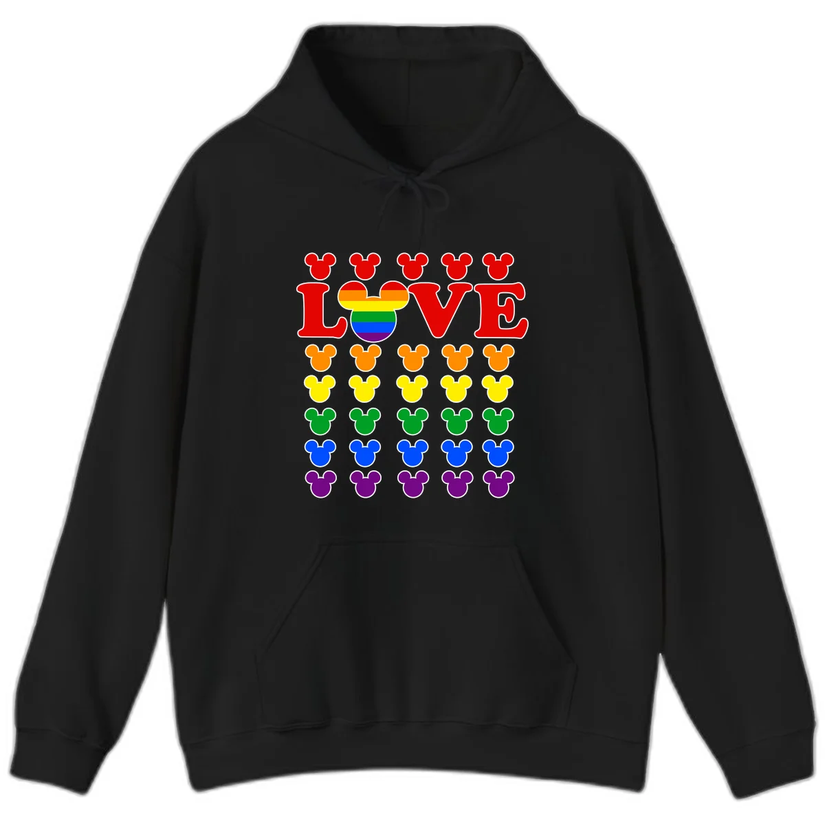 Mickey Love Pride design featuring bold red LOVE text with rainbow-striped Mickey head and colorful Mickey silhouettes border in Black