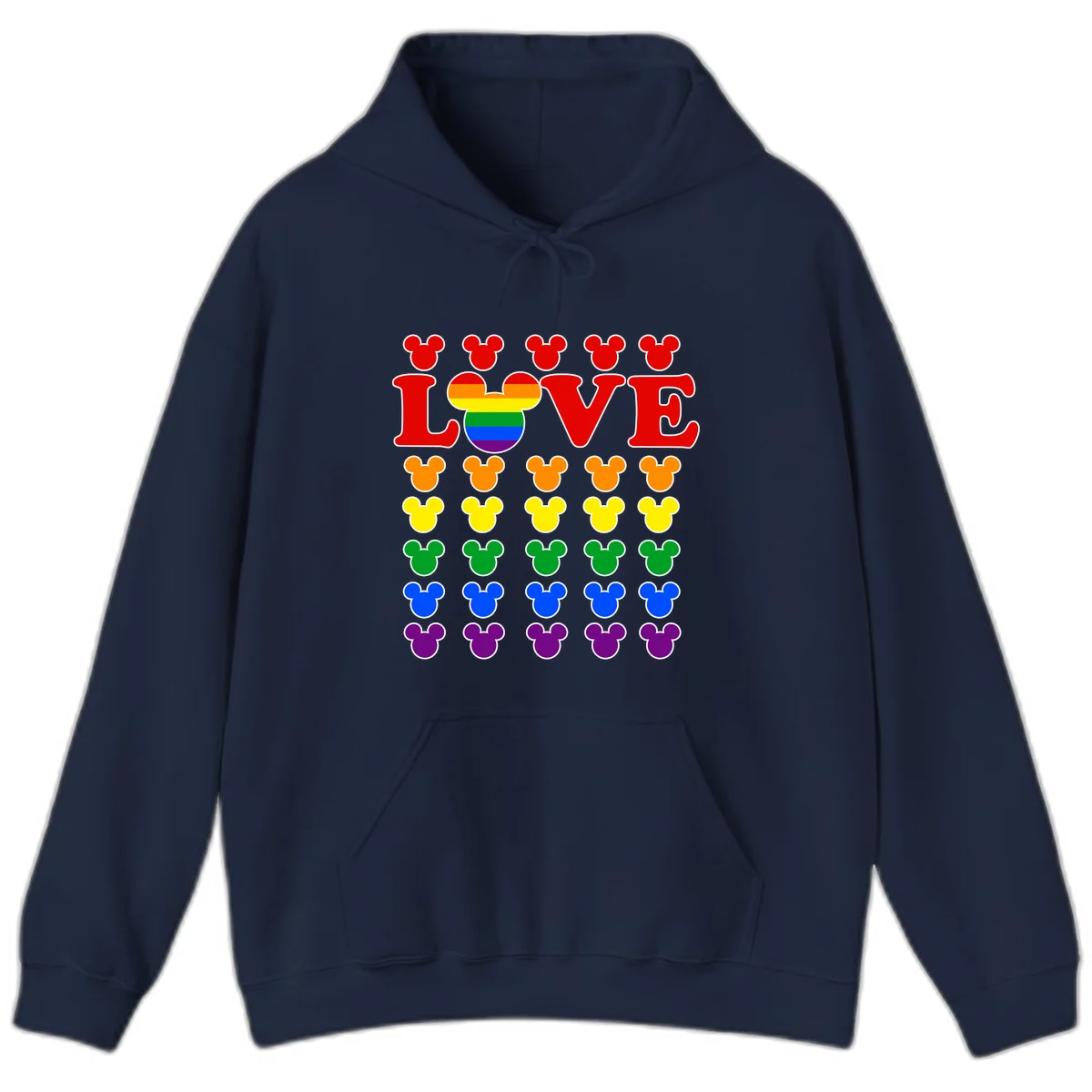 Mickey Love Pride design featuring bold red LOVE text with rainbow-striped Mickey head and colorful Mickey silhouettes border in Navy