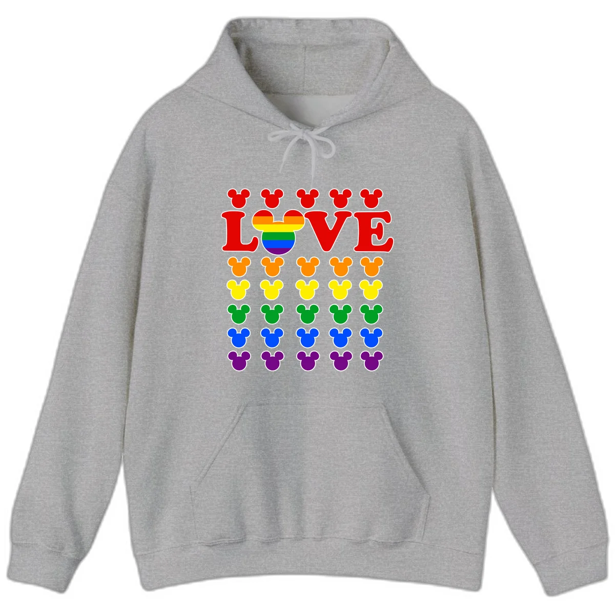 Mickey Love Pride design featuring bold red LOVE text with rainbow-striped Mickey head and colorful Mickey silhouettes border in Sport Grey