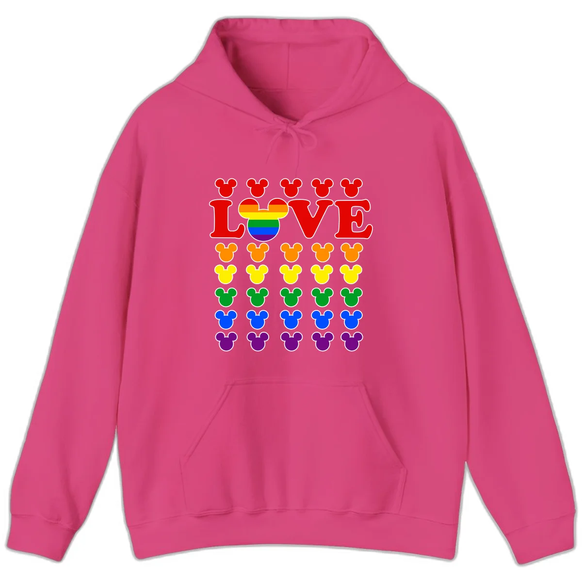 Mickey Love Pride design featuring bold red LOVE text with rainbow-striped Mickey head and colorful Mickey silhouettes border in Heliconia
