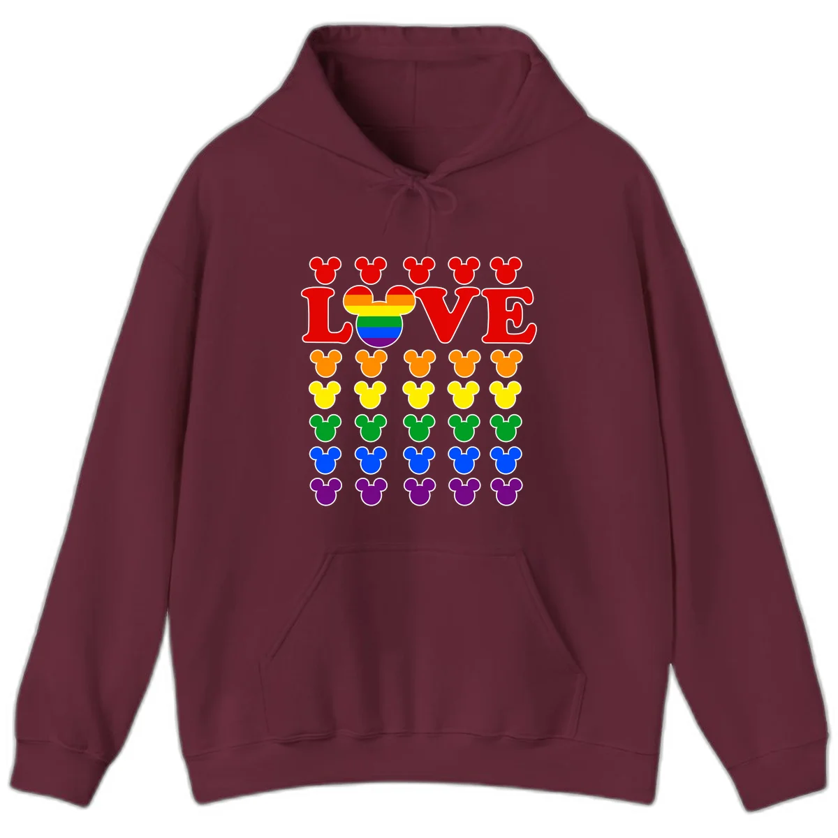 Mickey Love Pride design featuring bold red LOVE text with rainbow-striped Mickey head and colorful Mickey silhouettes border in Maroon