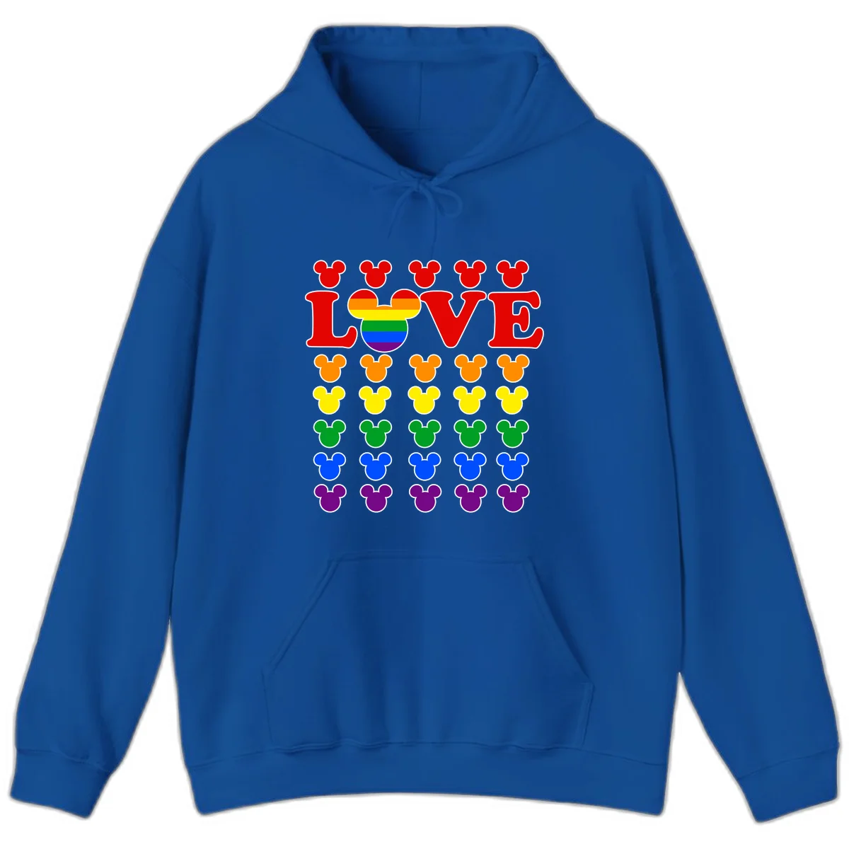 Mickey Love Pride design featuring bold red LOVE text with rainbow-striped Mickey head and colorful Mickey silhouettes border in Royal