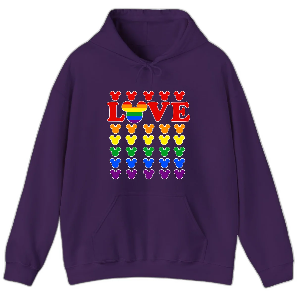 Mickey Love Pride design featuring bold red LOVE text with rainbow-striped Mickey head and colorful Mickey silhouettes border in Purple