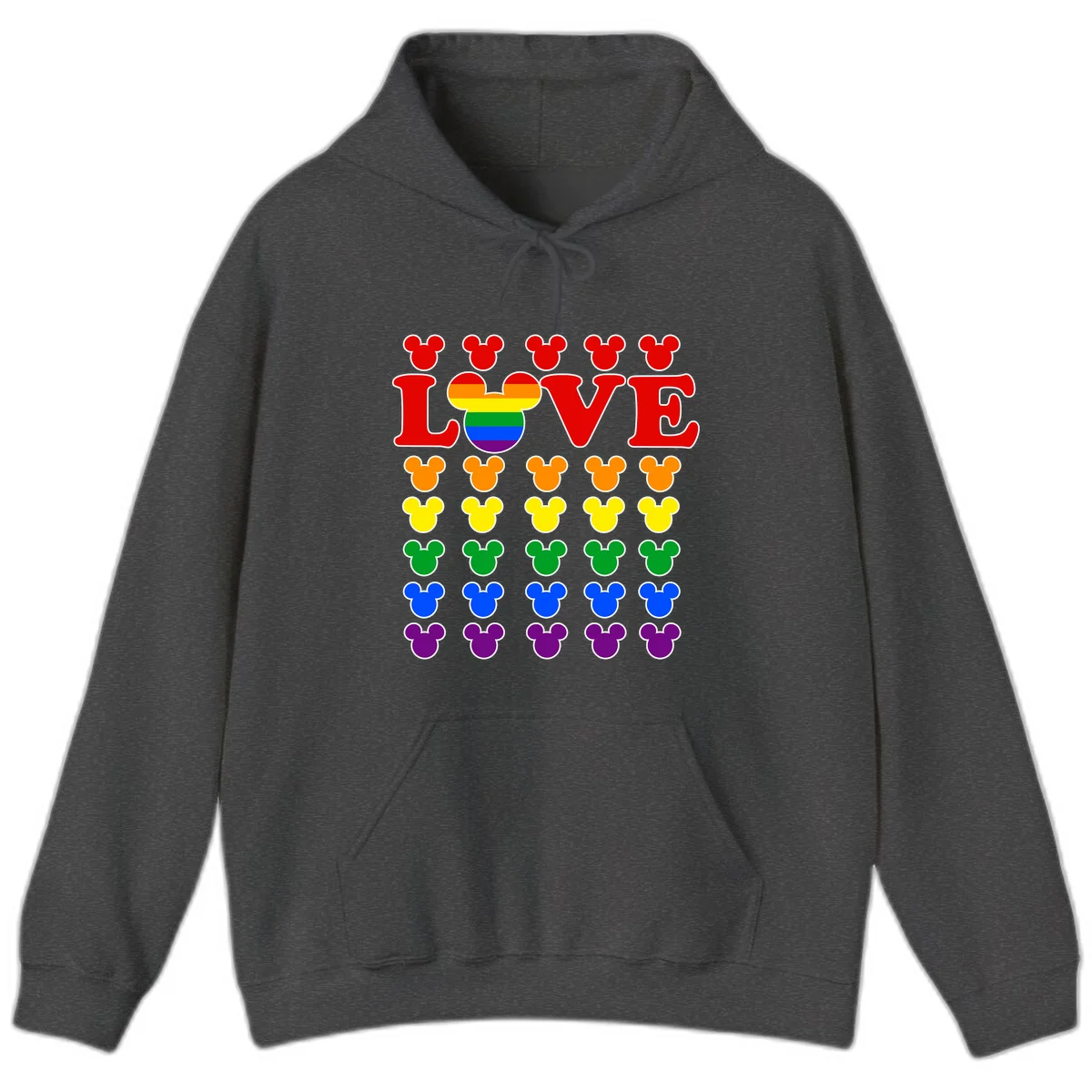 Mickey Love Pride design featuring bold red LOVE text with rainbow-striped Mickey head and colorful Mickey silhouettes border in Dark Heather