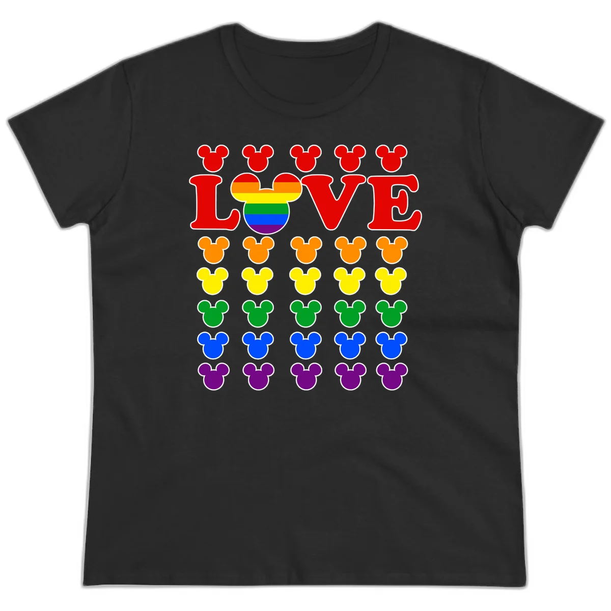 Mickey Love Pride design featuring bold red LOVE text with rainbow-striped Mickey head and colorful Mickey silhouettes border in Black
