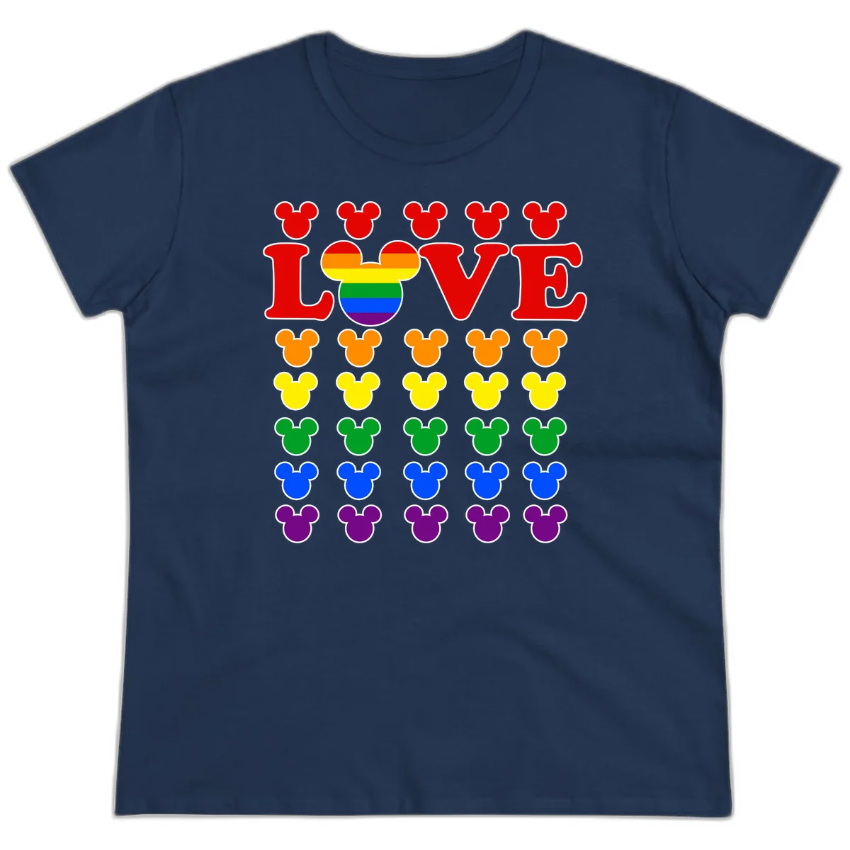 Mickey Love Pride design featuring bold red LOVE text with rainbow-striped Mickey head and colorful Mickey silhouettes border in Navy