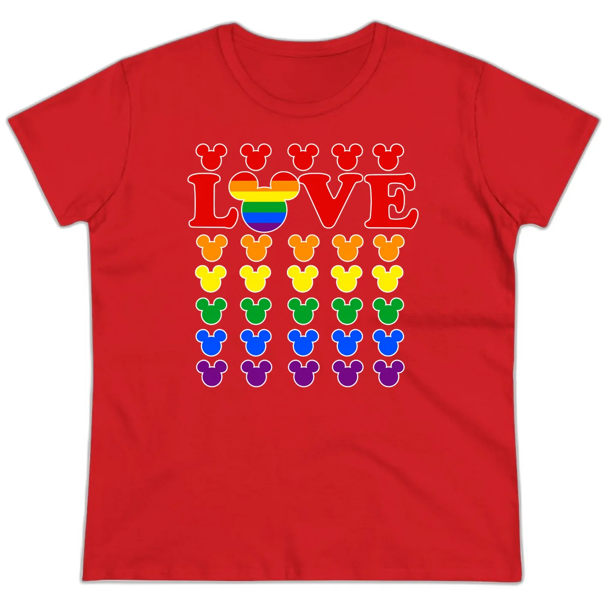 Mickey Love Pride design featuring bold red LOVE text with rainbow-striped Mickey head and colorful Mickey silhouettes border in Red