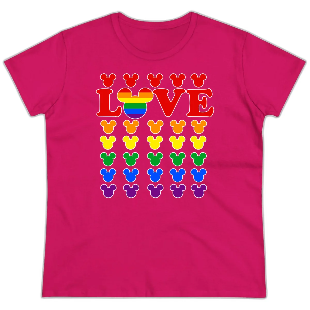 Mickey Love Pride design featuring bold red LOVE text with rainbow-striped Mickey head and colorful Mickey silhouettes border in Heliconia