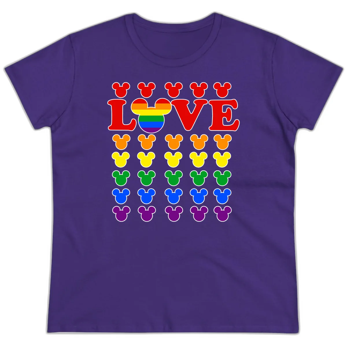 Mickey Love Pride design featuring bold red LOVE text with rainbow-striped Mickey head and colorful Mickey silhouettes border in Purple