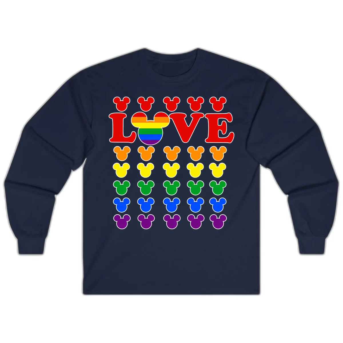 Mickey Love Pride design featuring bold red LOVE text with rainbow-striped Mickey head and colorful Mickey silhouettes border in Navy