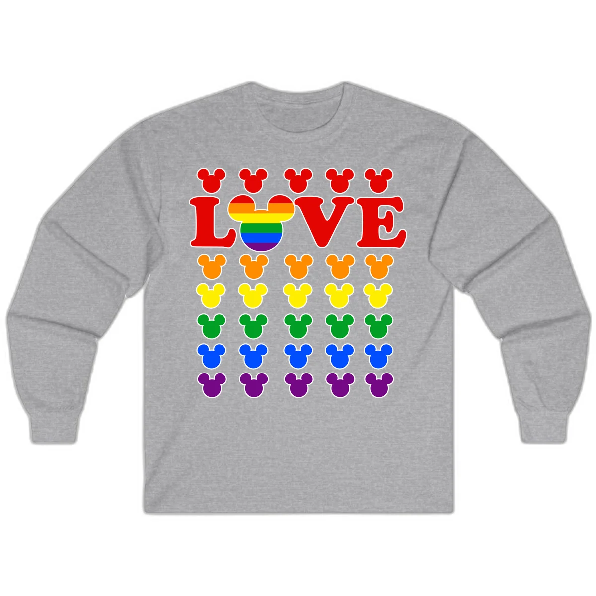 Mickey Love Pride design featuring bold red LOVE text with rainbow-striped Mickey head and colorful Mickey silhouettes border in Sport Grey