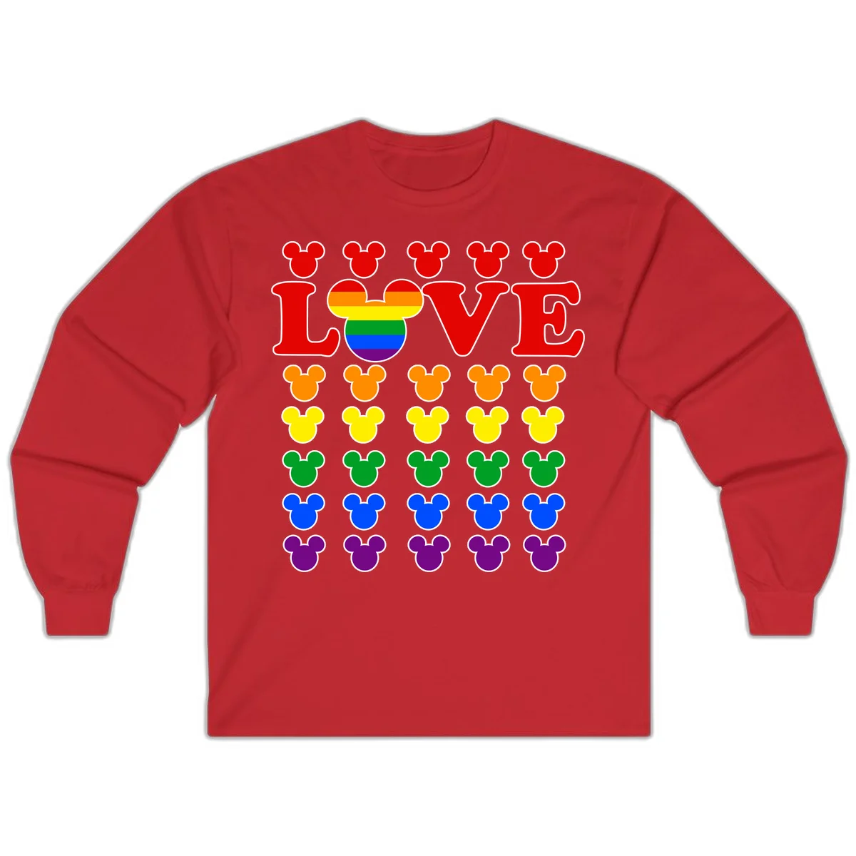 Mickey Love Pride design featuring bold red LOVE text with rainbow-striped Mickey head and colorful Mickey silhouettes border in Red