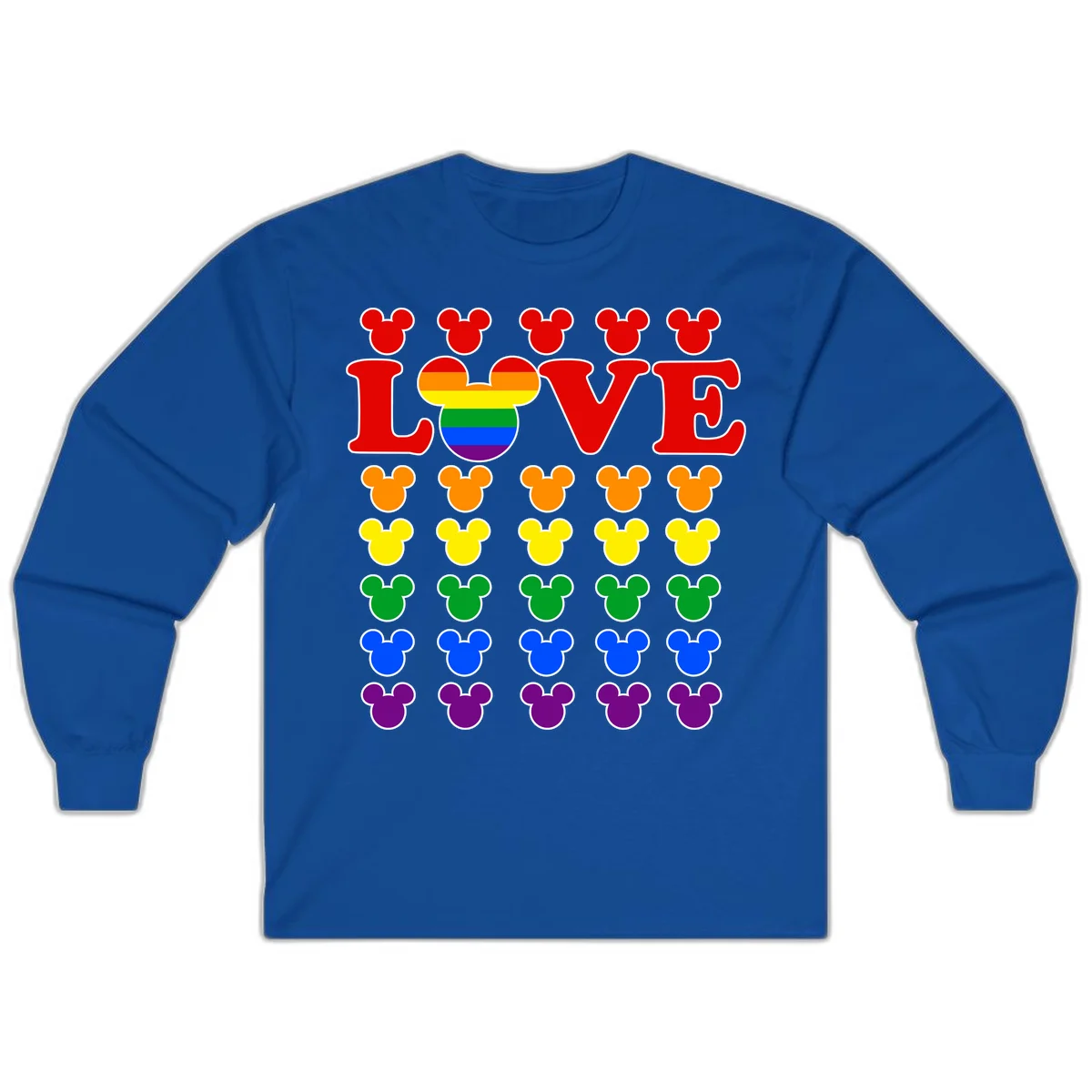 Mickey Love Pride design featuring bold red LOVE text with rainbow-striped Mickey head and colorful Mickey silhouettes border in Royal