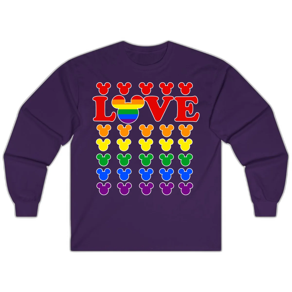 Mickey Love Pride design featuring bold red LOVE text with rainbow-striped Mickey head and colorful Mickey silhouettes border in Purple