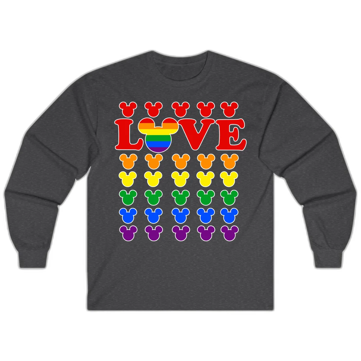 Mickey Love Pride design featuring bold red LOVE text with rainbow-striped Mickey head and colorful Mickey silhouettes border in Dark Heather