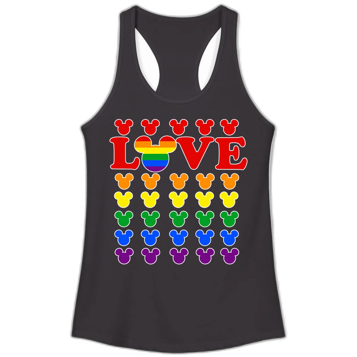 Mickey Love Pride design featuring bold red LOVE text with rainbow-striped Mickey head and colorful Mickey silhouettes border in Black