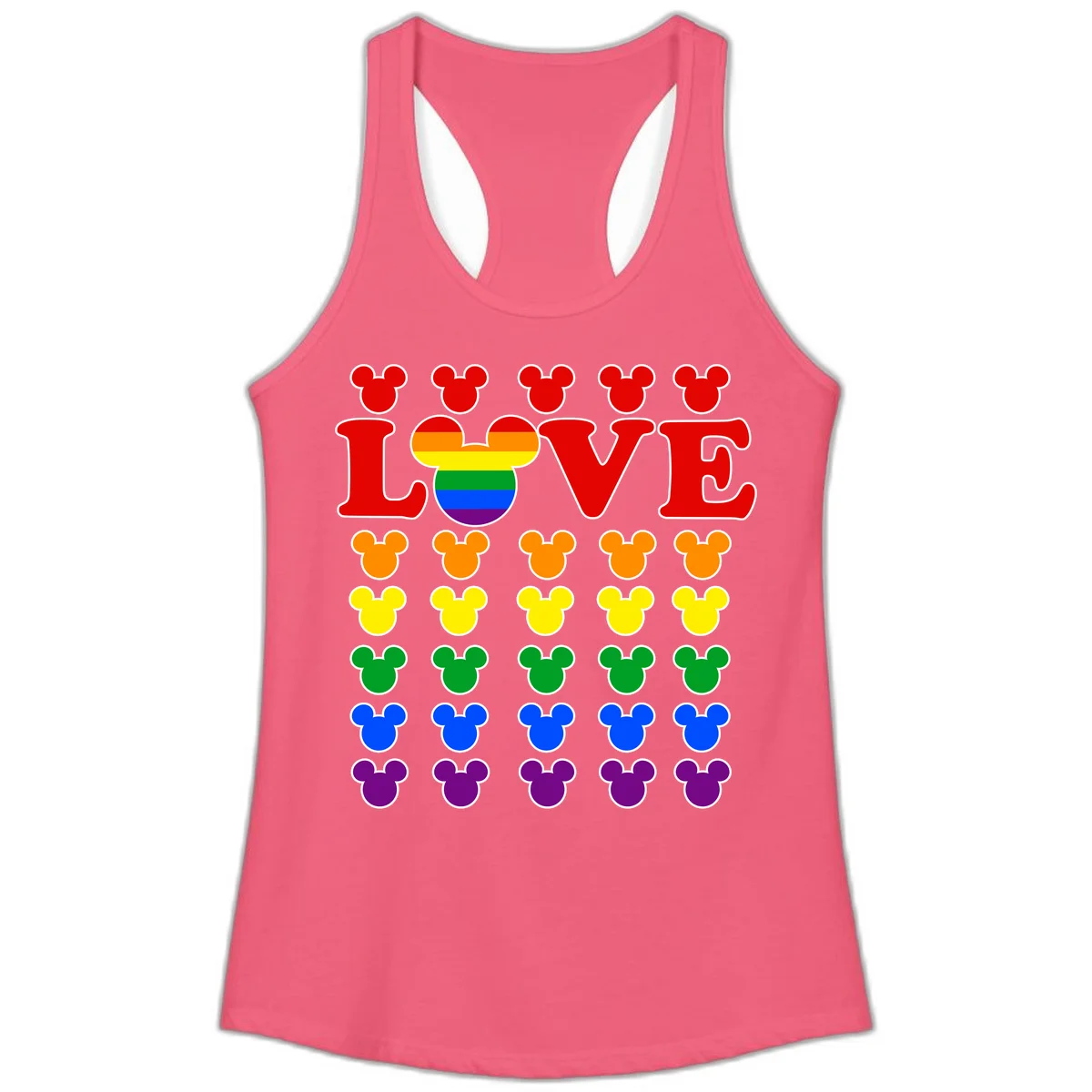 Mickey Love Pride design featuring bold red LOVE text with rainbow-striped Mickey head and colorful Mickey silhouettes border in Hot Pink
