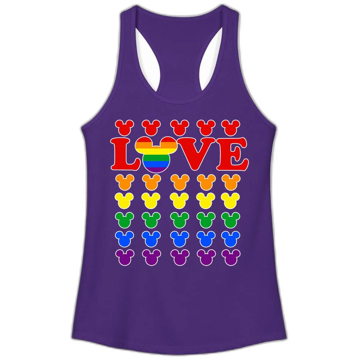 Mickey Love Pride design featuring bold red LOVE text with rainbow-striped Mickey head and colorful Mickey silhouettes border in Solid Purple Rush