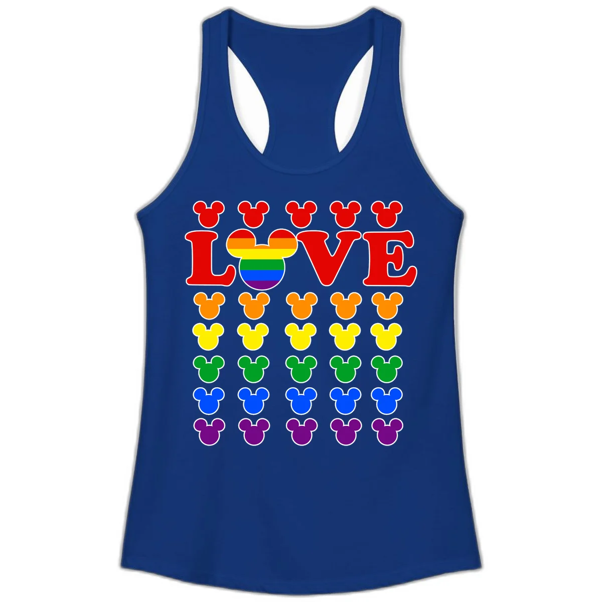 Mickey Love Pride design featuring bold red LOVE text with rainbow-striped Mickey head and colorful Mickey silhouettes border in Solid Royal