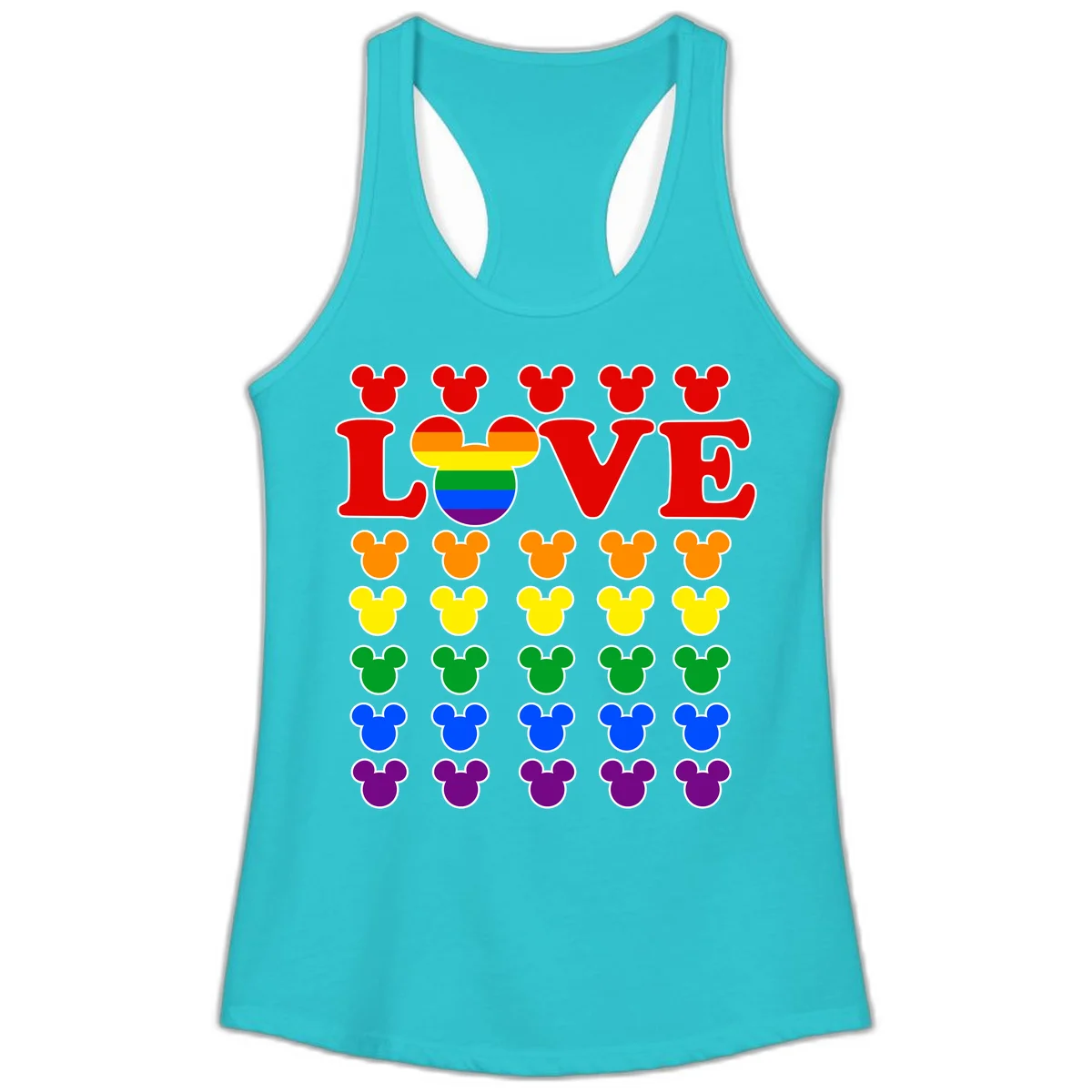 Mickey Love Pride design featuring bold red LOVE text with rainbow-striped Mickey head and colorful Mickey silhouettes border in Solid Tahiti Blue