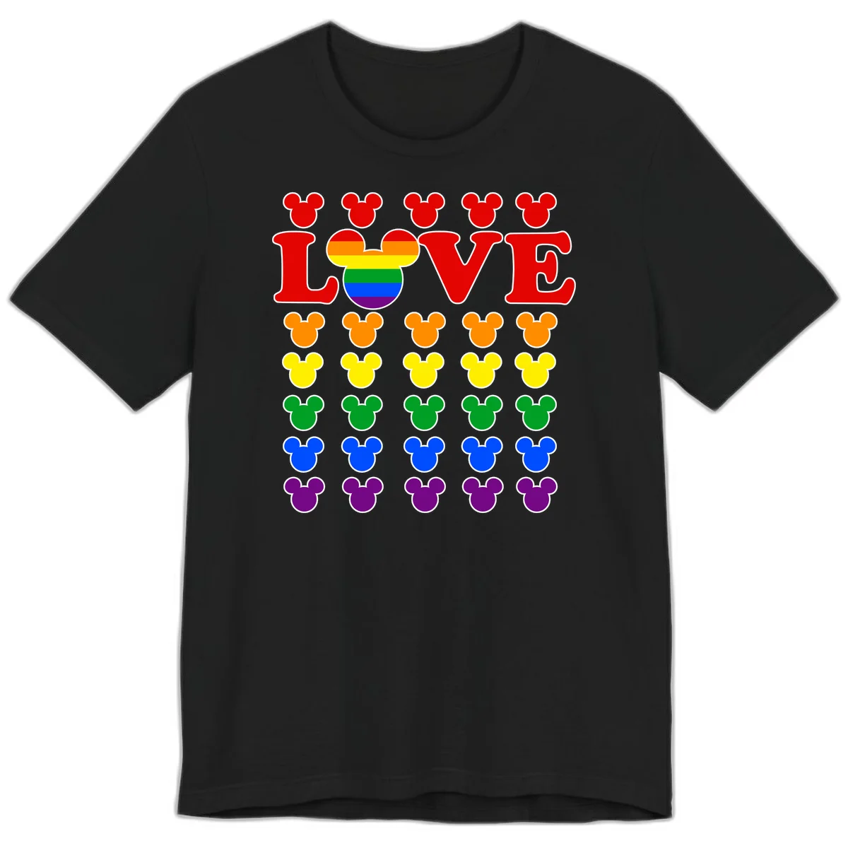 Mickey Love Pride design featuring bold red LOVE text with rainbow-striped Mickey head and colorful Mickey silhouettes border in Black