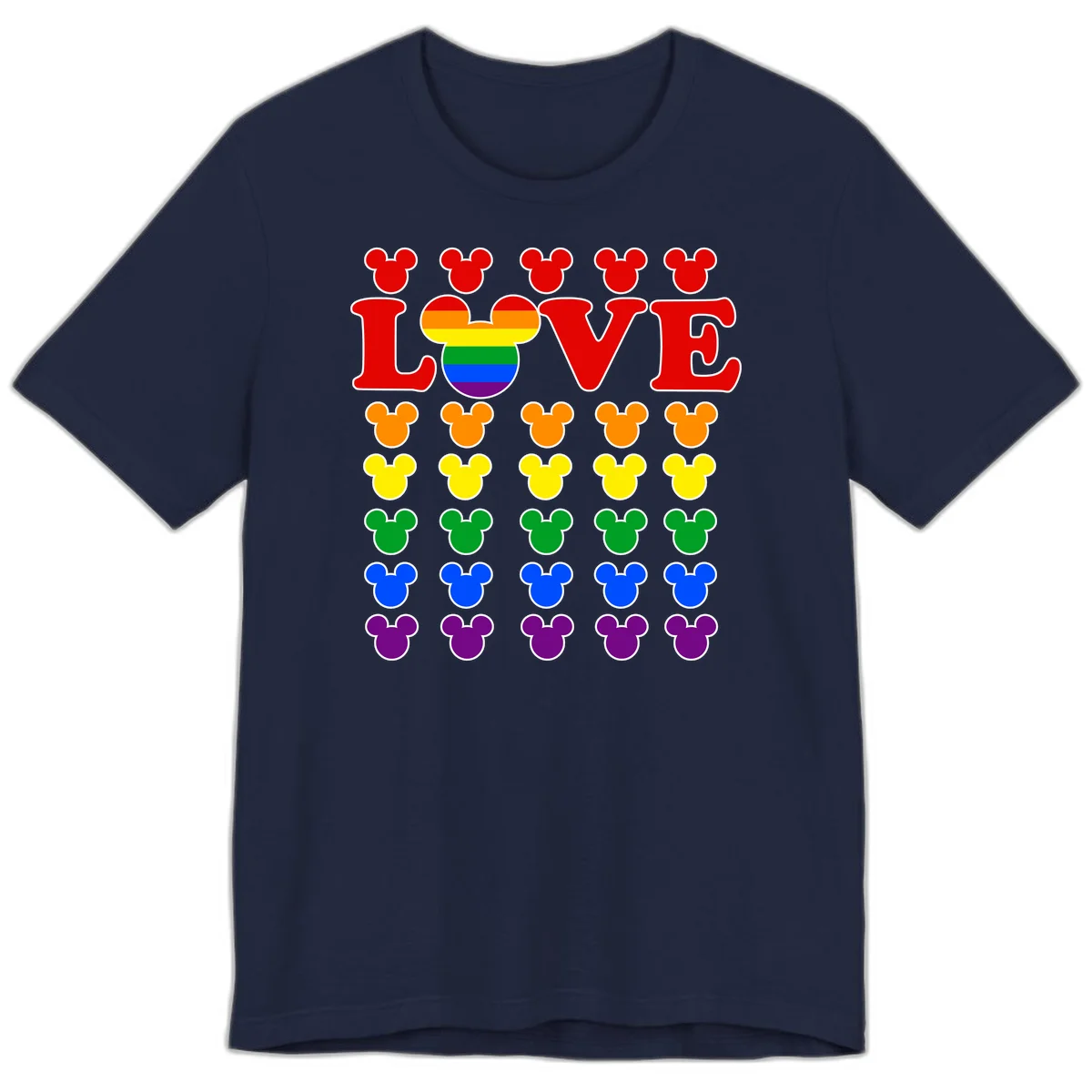 Mickey Love Pride design featuring bold red LOVE text with rainbow-striped Mickey head and colorful Mickey silhouettes border in Navy
