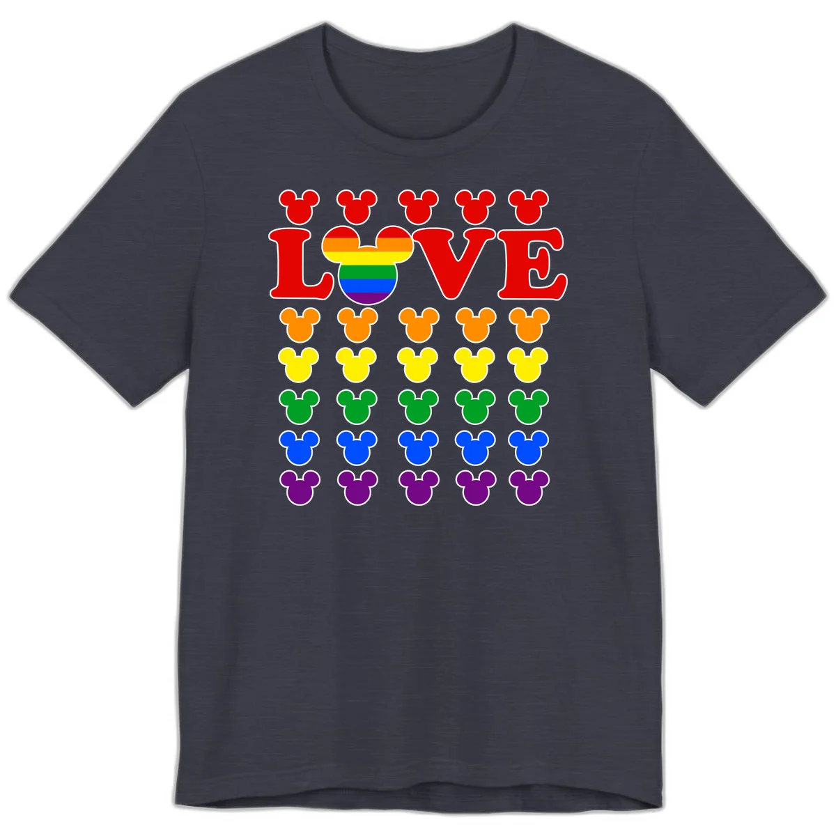 Mickey Love Pride design featuring bold red LOVE text with rainbow-striped Mickey head and colorful Mickey silhouettes border in Heather Midnight Navy