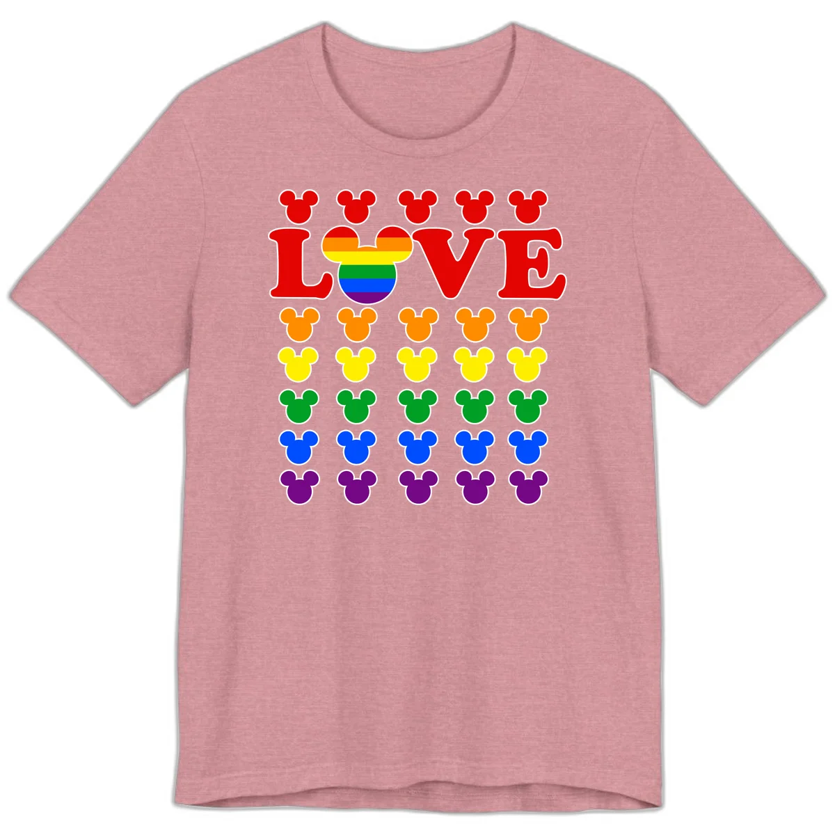 Mickey Love Pride design featuring bold red LOVE text with rainbow-striped Mickey head and colorful Mickey silhouettes border in Heather Orchid