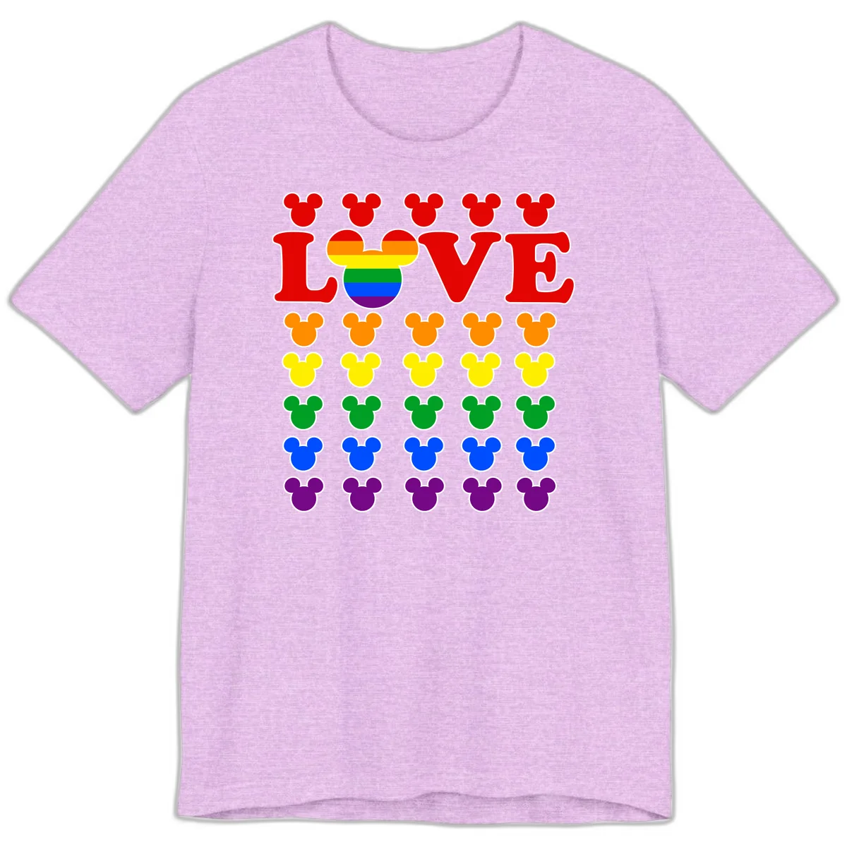 Mickey Love Pride design featuring bold red LOVE text with rainbow-striped Mickey head and colorful Mickey silhouettes border in Heather Prism Lilac