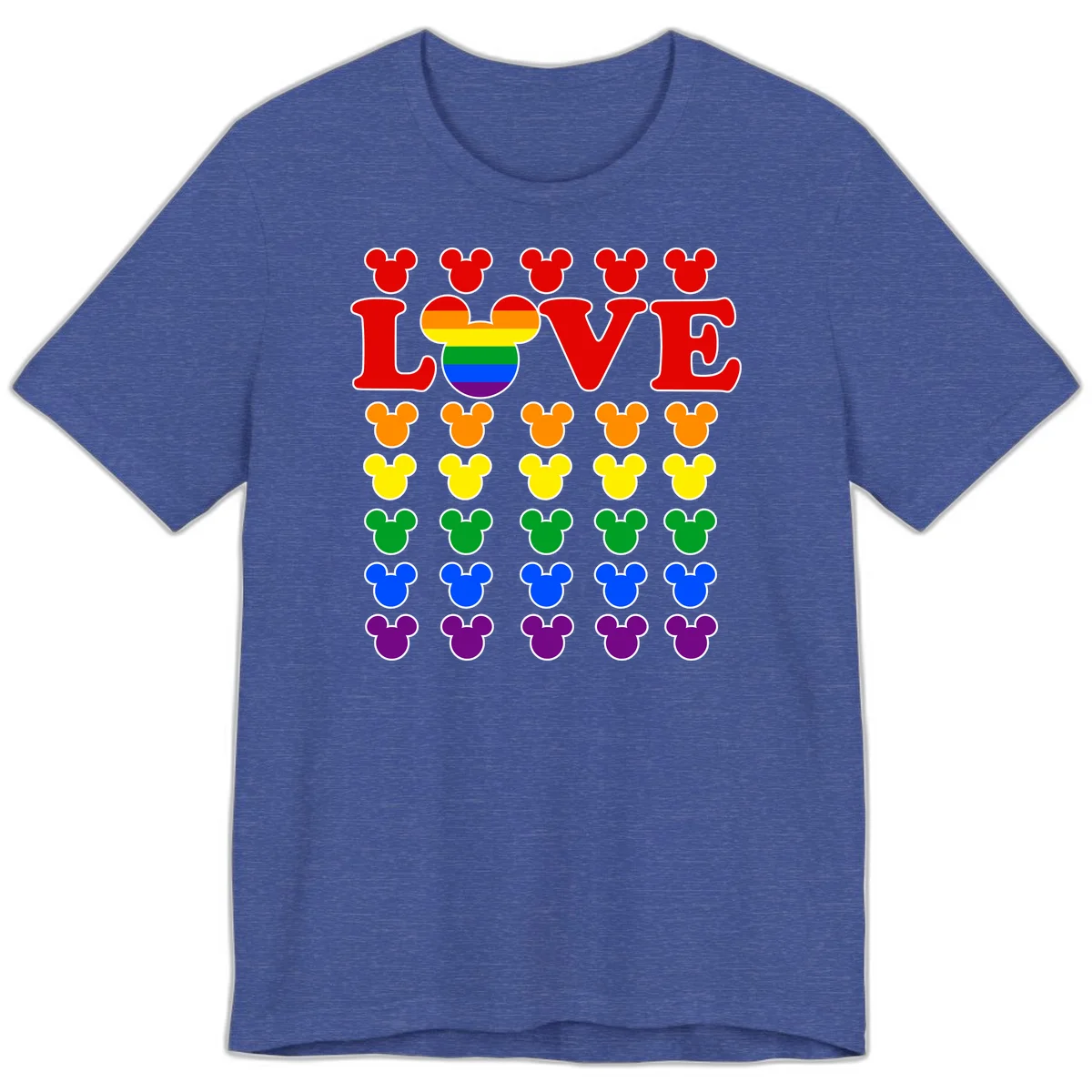Mickey Love Pride design featuring bold red LOVE text with rainbow-striped Mickey head and colorful Mickey silhouettes border in Heather True Royal