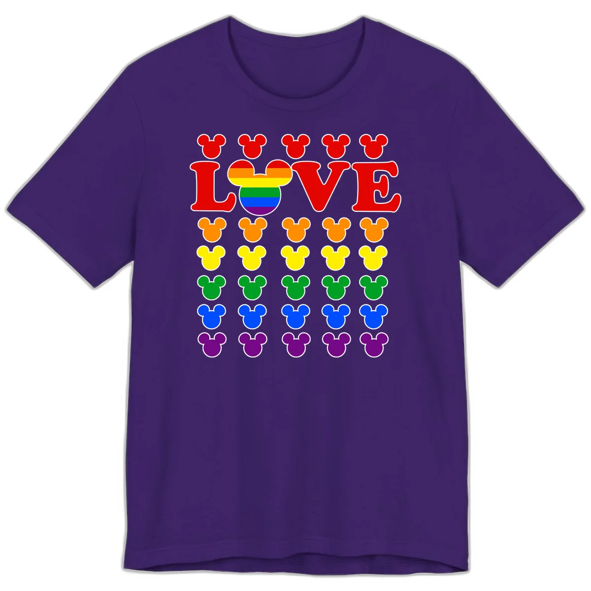 Mickey Love Pride design featuring bold red LOVE text with rainbow-striped Mickey head and colorful Mickey silhouettes border in Team Purple