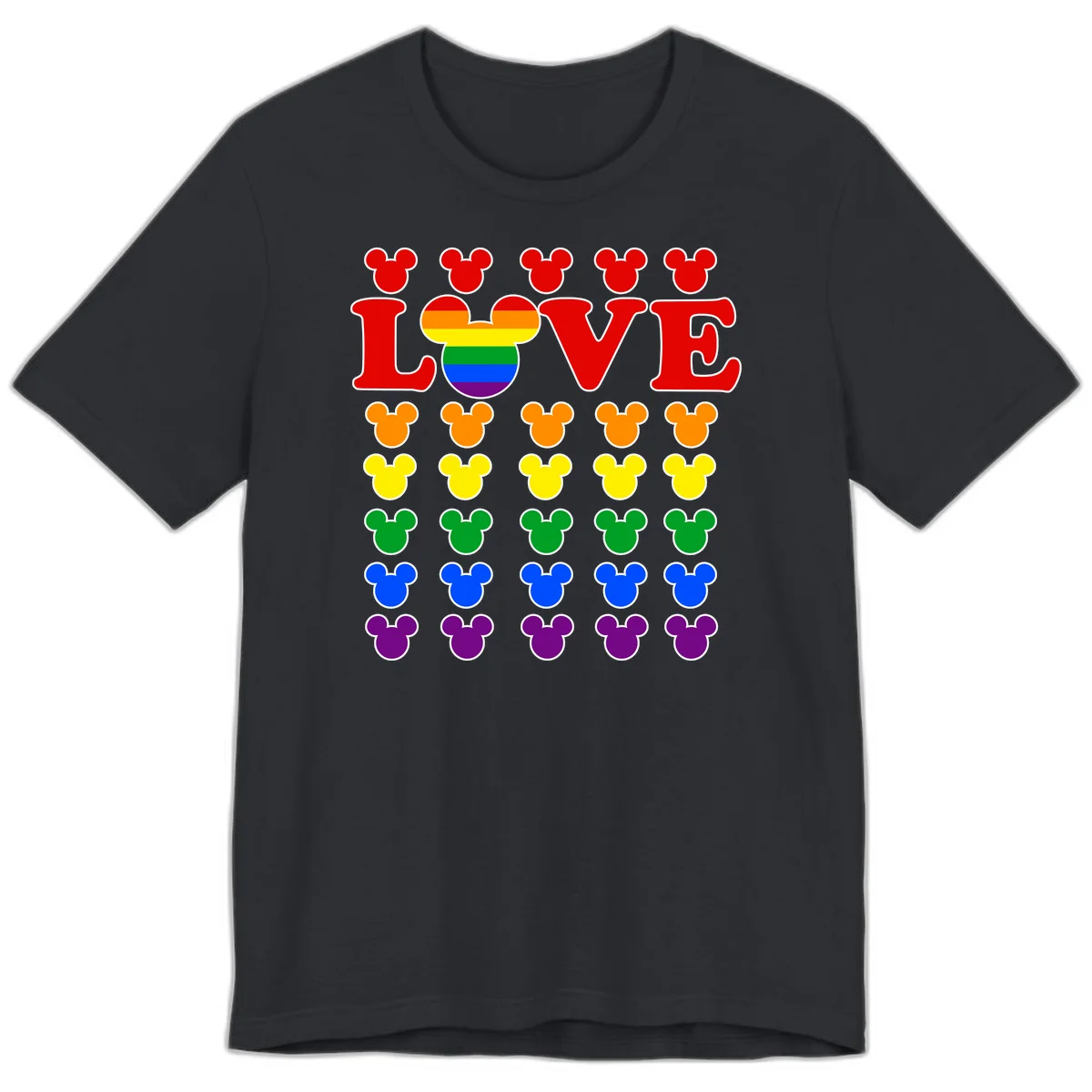 Mickey Love Pride design featuring bold red LOVE text with rainbow-striped Mickey head and colorful Mickey silhouettes border in Vintage Black