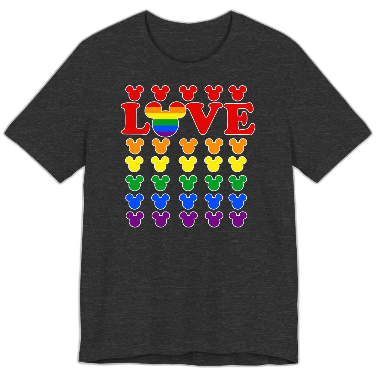 Mickey Love Pride design featuring bold red LOVE text with rainbow-striped Mickey head and colorful Mickey silhouettes border in Dark Grey Heather