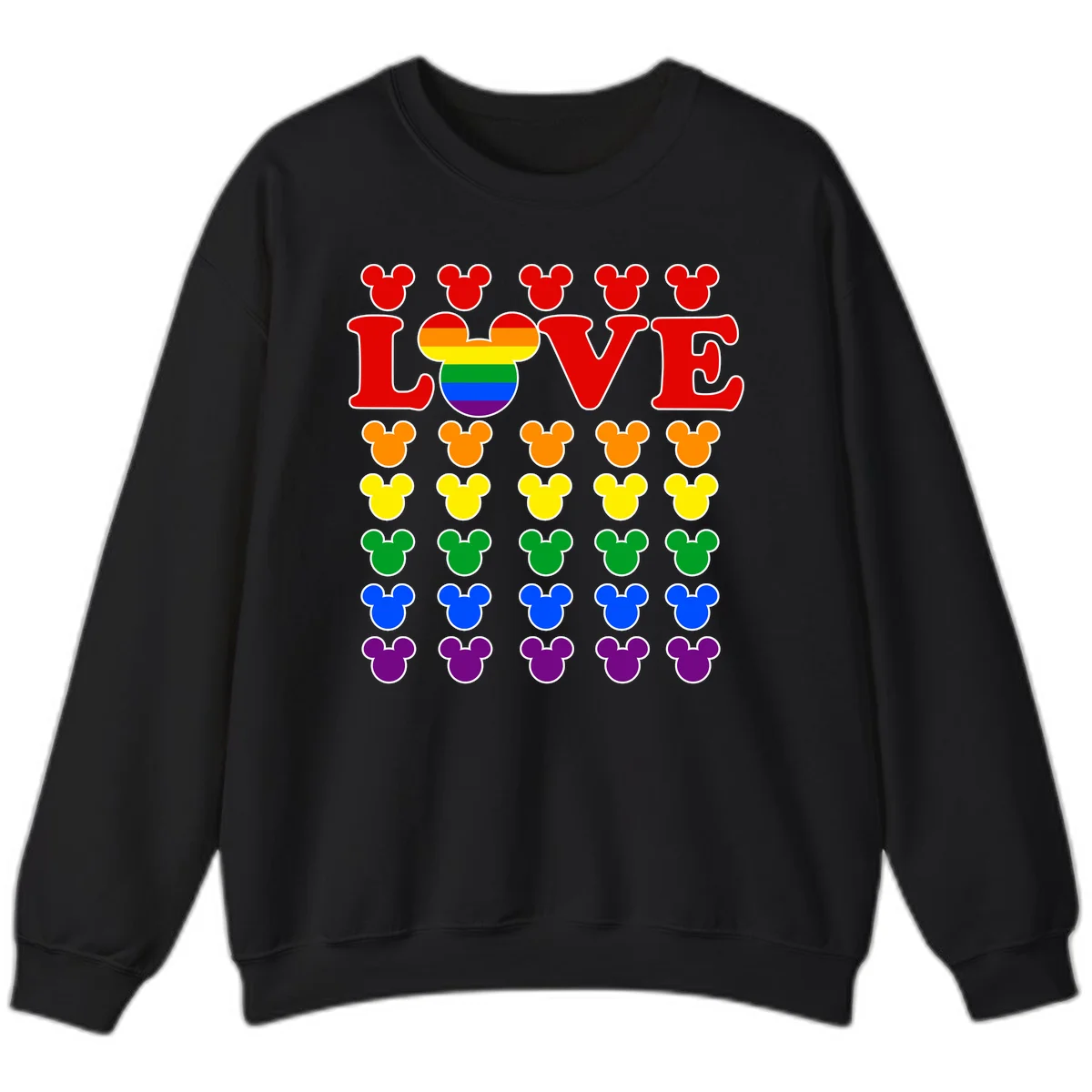 Mickey Love Pride design featuring bold red LOVE text with rainbow-striped Mickey head and colorful Mickey silhouettes border in Black