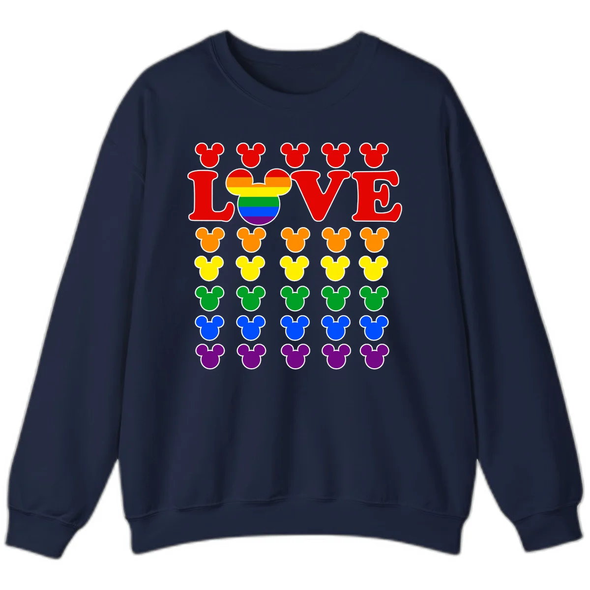 Mickey Love Pride design featuring bold red LOVE text with rainbow-striped Mickey head and colorful Mickey silhouettes border in Navy