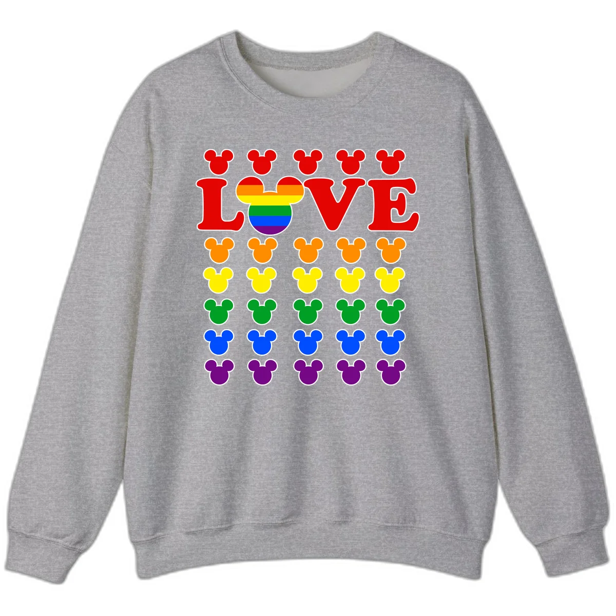 Mickey Love Pride design featuring bold red LOVE text with rainbow-striped Mickey head and colorful Mickey silhouettes border in Sport Grey