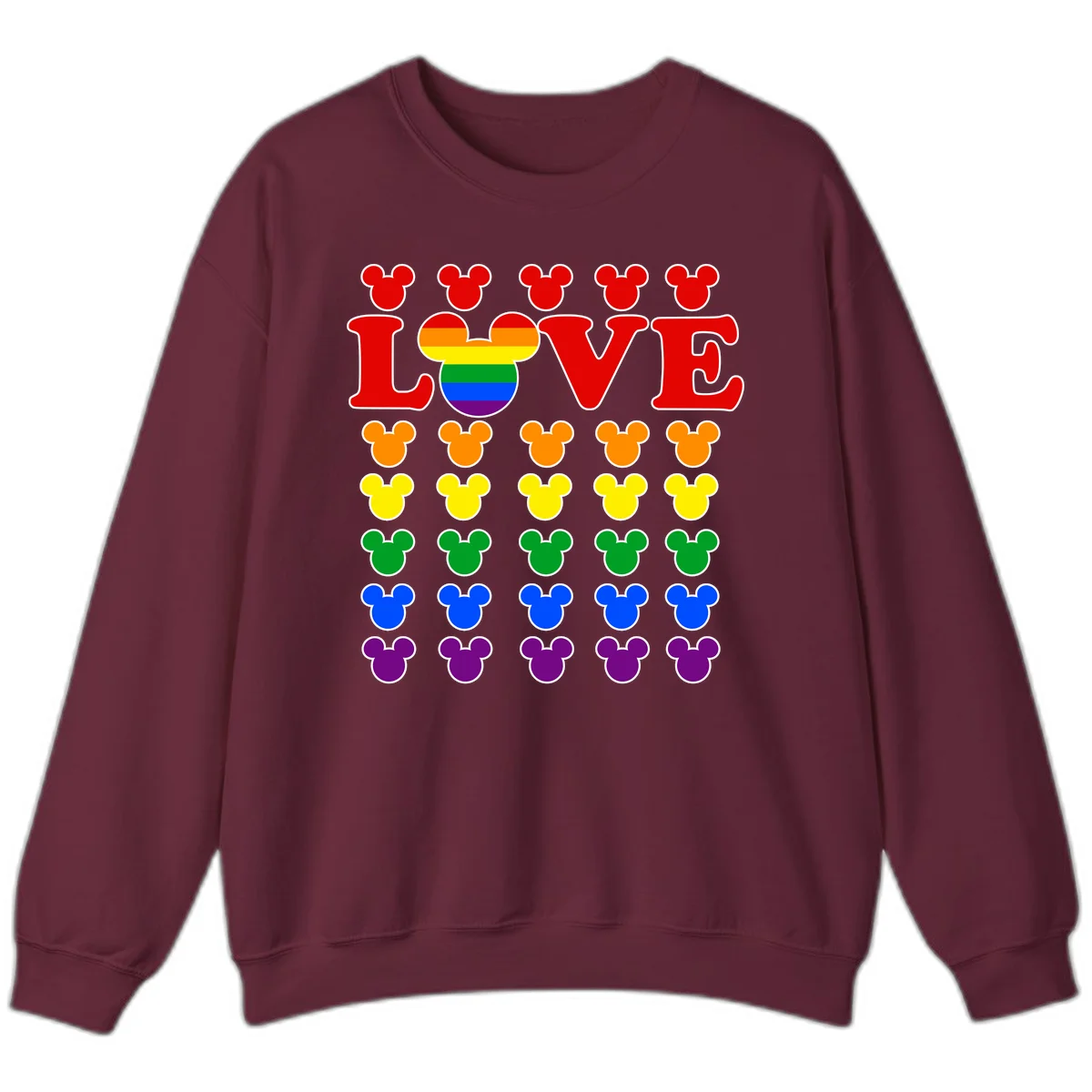 Mickey Love Pride design featuring bold red LOVE text with rainbow-striped Mickey head and colorful Mickey silhouettes border in Maroon
