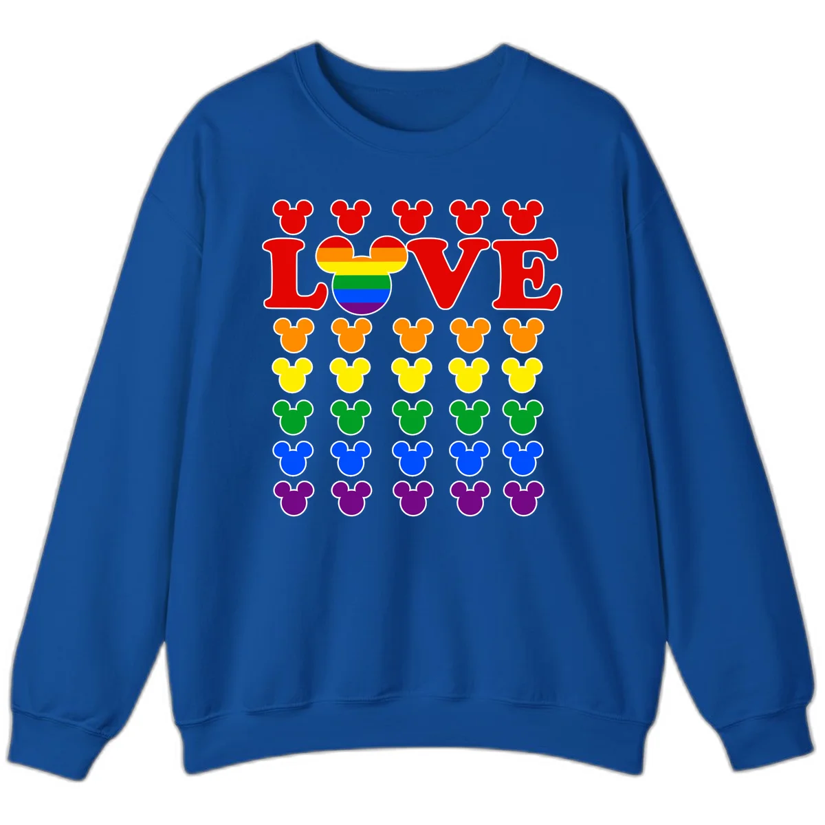 Mickey Love Pride design featuring bold red LOVE text with rainbow-striped Mickey head and colorful Mickey silhouettes border in Royal