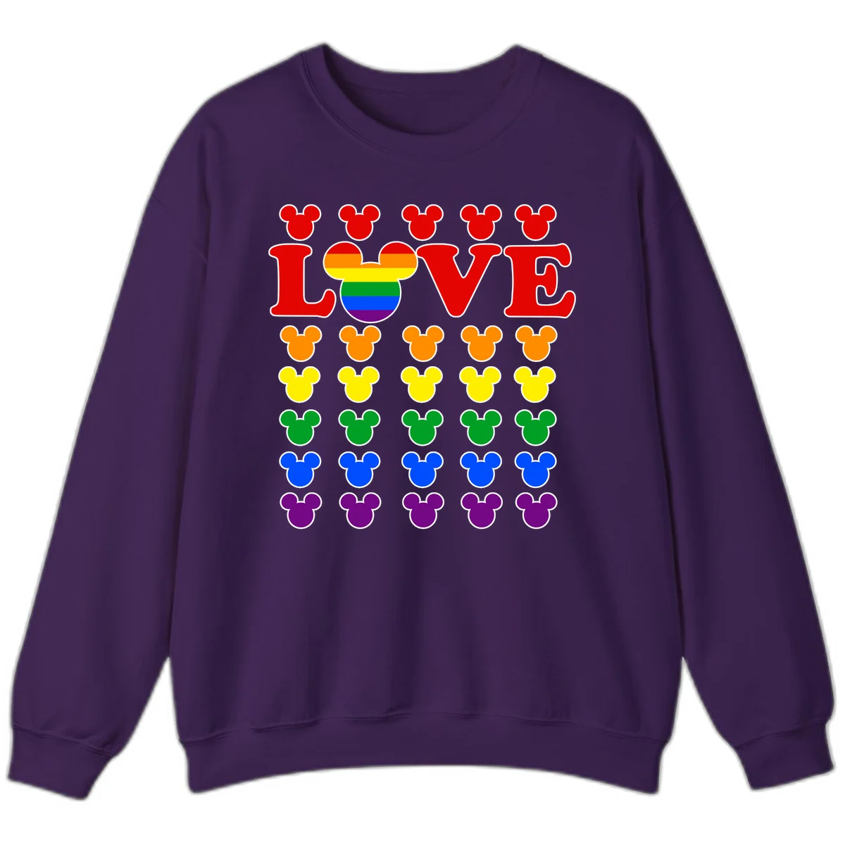 Mickey Love Pride design featuring bold red LOVE text with rainbow-striped Mickey head and colorful Mickey silhouettes border in Purple