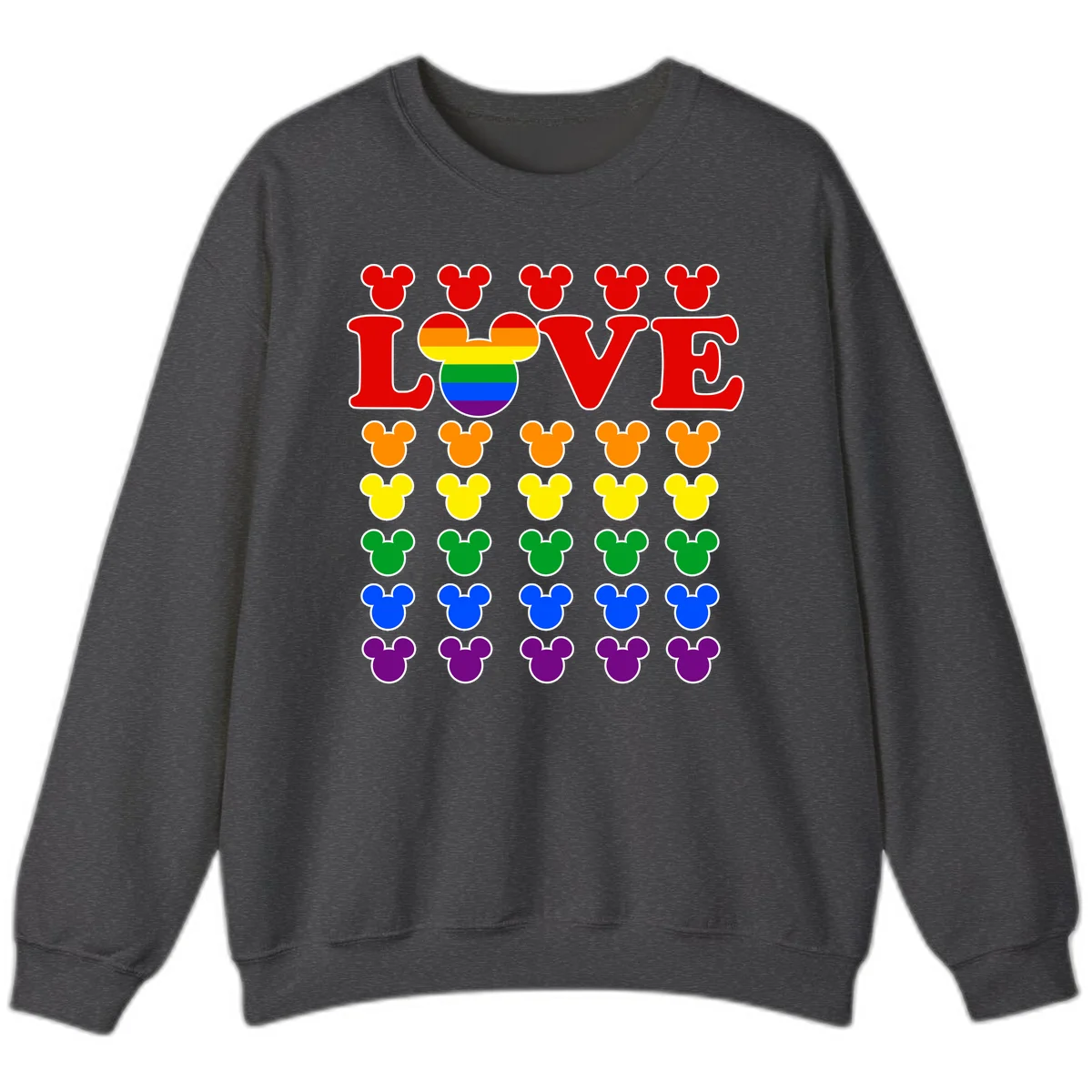 Mickey Love Pride design featuring bold red LOVE text with rainbow-striped Mickey head and colorful Mickey silhouettes border in Dark Heather