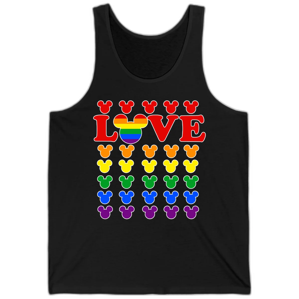 Mickey Love Pride design featuring bold red LOVE text with rainbow-striped Mickey head and colorful Mickey silhouettes border in Black
