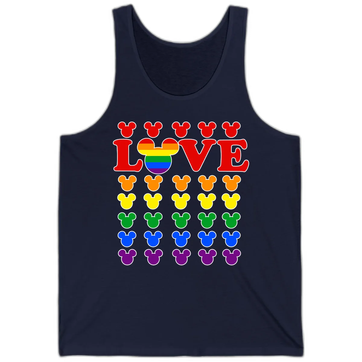 Mickey Love Pride design featuring bold red LOVE text with rainbow-striped Mickey head and colorful Mickey silhouettes border in Navy