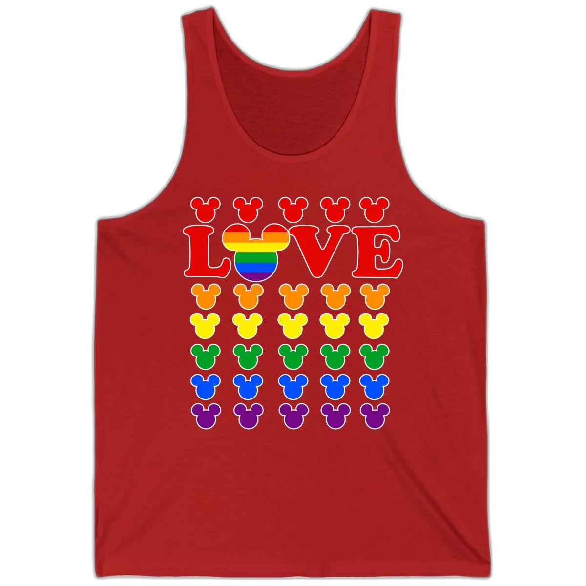 Mickey Love Pride design featuring bold red LOVE text with rainbow-striped Mickey head and colorful Mickey silhouettes border in Red