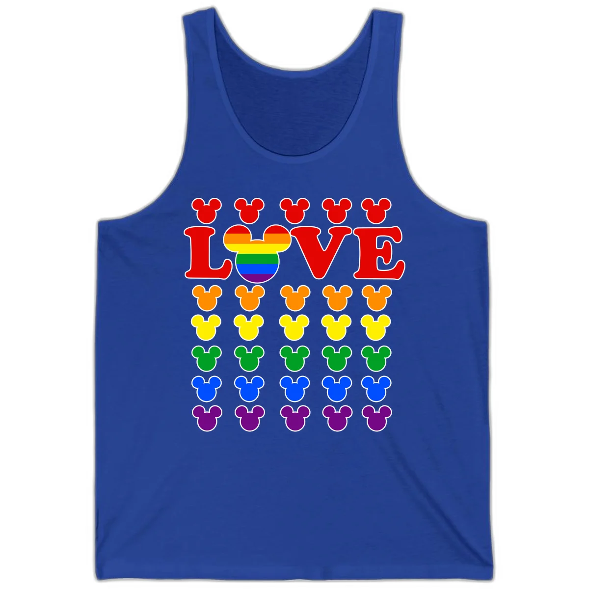 Mickey Love Pride design featuring bold red LOVE text with rainbow-striped Mickey head and colorful Mickey silhouettes border in True Royal