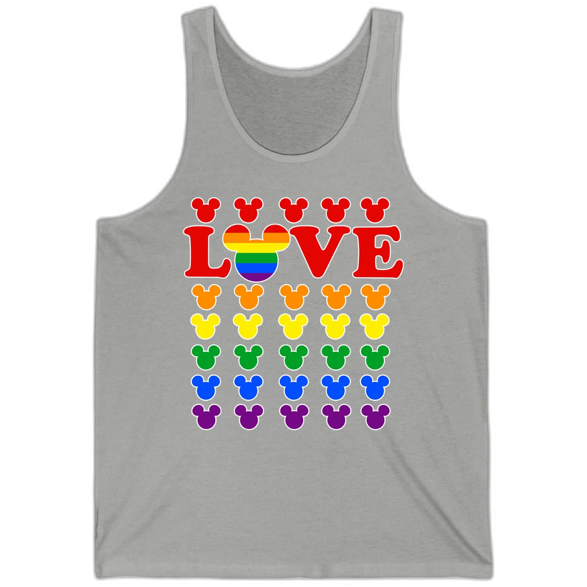 Mickey Love Pride design featuring bold red LOVE text with rainbow-striped Mickey head and colorful Mickey silhouettes border in Athletic Heather